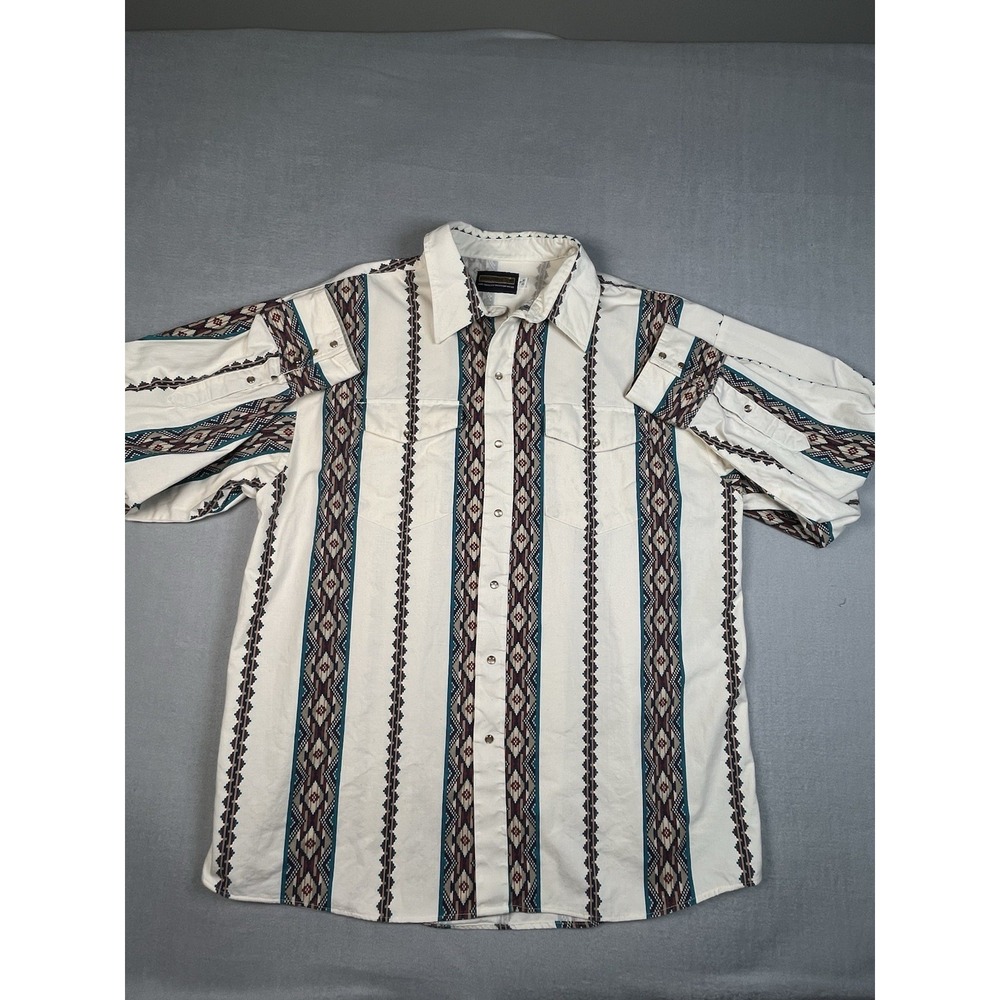 Vintage Panhandle Slim Western Ivory Pearl Snap button Shirt Aztec Long 18 35/36 - Picture 3 of 7
